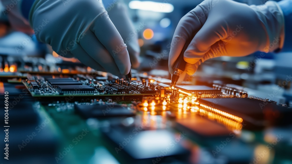 Aufkleber expert technician assembling a circuit board in a high-tech laboratory during an evening shift