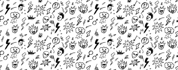 Grunge rock seamless pattern with doodle elements. Wax pencil drawing face with tongue out, cartoon thunderbolt like children pen drawing and other rock n roll style black color vector elements