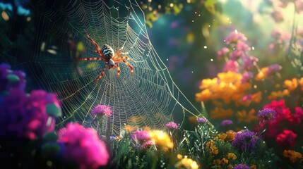 A vibrant garden scene with a large spider actively spinning its web among colorful flowers, showing the contrast between the creature and its lush surroundings.