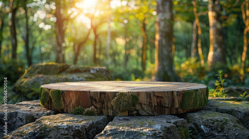 Poster Wooden platform in a forest setting with a blurred background of trees and sunlight.
