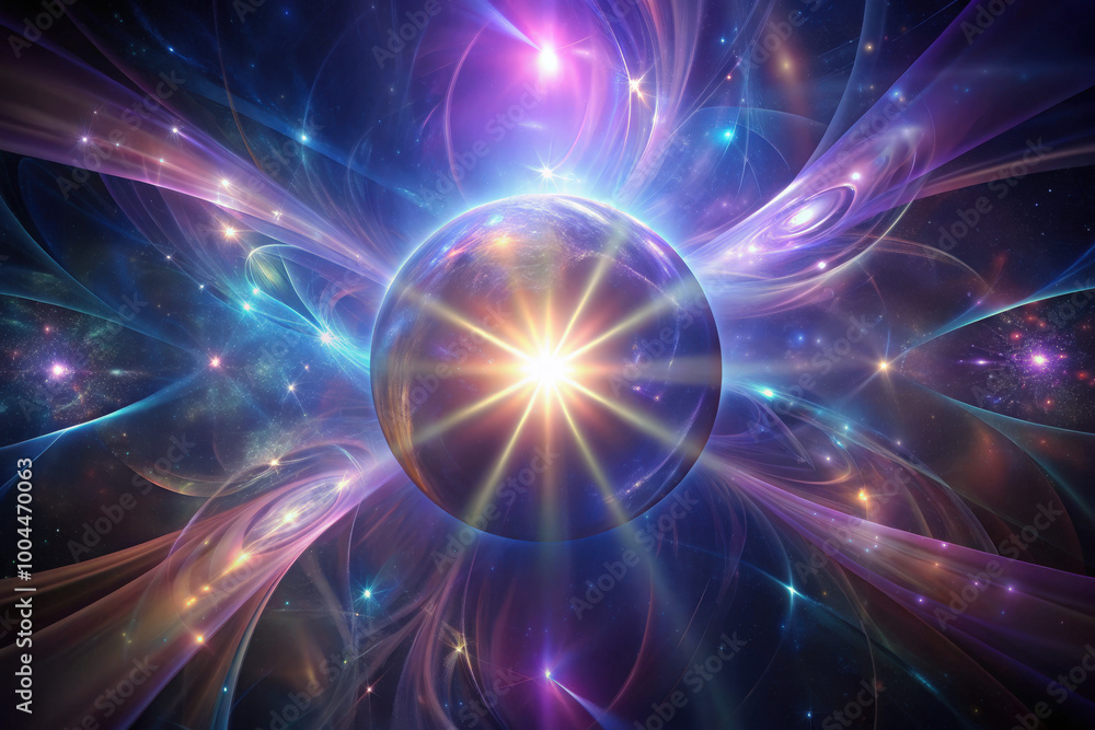 Aufkleber a vibrant cosmic explosion surrounding a glowing orb, creating a mystical atmosphere of light and co