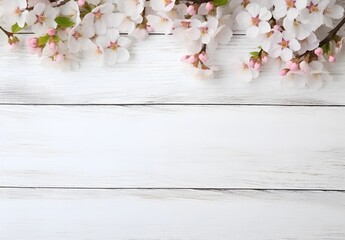 Rustic White Wooden Background with Spring Flower Border
