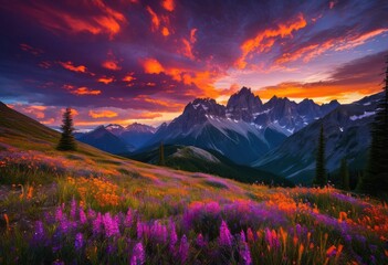 vibrant sunset illuminates majestic mountain ranges rich colors intricate cloud patterns, sky, purple, orange, yellow, clouds, landscape, nature, light