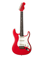 A bright red electric guitar, isolated on a transparent background, showcasing its sleek design and classic body style.