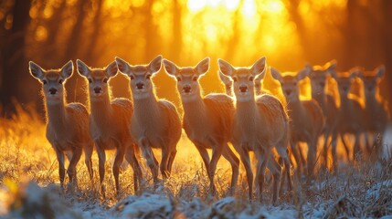 Herd of deer standing in golden light at sunset in a serene forest during early winter