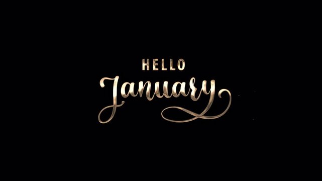 Hello January Handwritten Animated Text in Gold Color with  particle effect, Perfect for social media posts, greeting cards, calendar designs. Suitable for January promotions.alpha channel only 4k