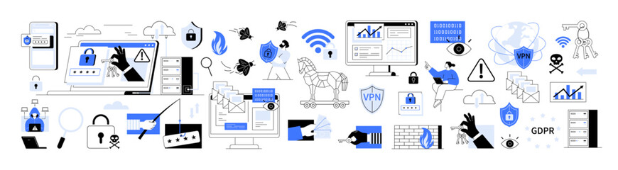 Numerous cybersecurity icons depicting data protection, secure connections, privacy, hacking threats, and compliance measures. Ideal for digital security, cyber threats, data privacy, internet malware