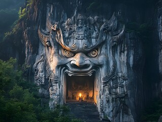 Fototapeta premium Massive Pixiu Carved into the Side of a Mountain Its Eyes Glowing with Mystical Light as Travelers Approach the Ancient Temple It Protects Evoking a Sense of Cultural Heritage