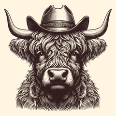 Portrait Illustration Of A Highland Cow Wearing A Cowboy Hat In Engraving Style