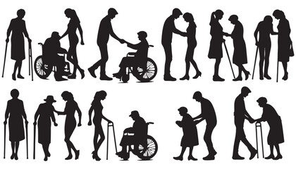 Young person helping elderly person walking with walking aids vector illustration black and white art design