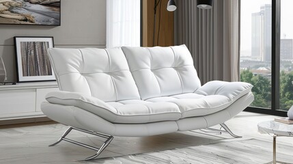 Modern white leather sofa with chrome legs in a minimalist living room.