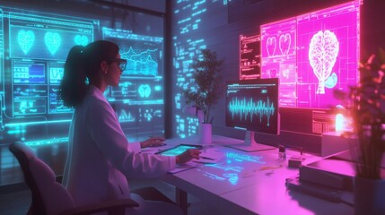 A scientist wearing glasses sits in a contemporary laboratory, examining digital health data displayed on multiple screens