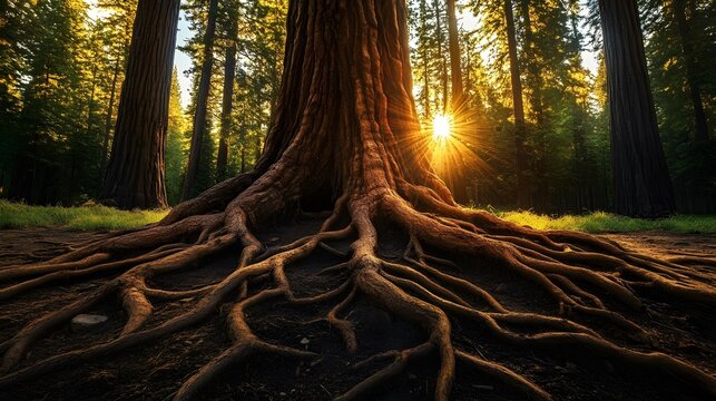 30. A thriving root system of a giant sequoia tree underground