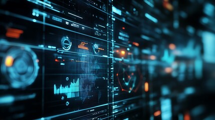 Fototapeta premium A close-up view of a digital screen displaying various data, charts, and graphs. The screen features a futuristic and modern interface with a dark background and vibrant blue and orange accents.