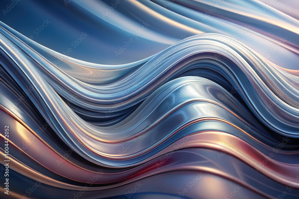 Poster flowing waves of metallic hues create a mesmerizing abstract pattern reminiscent of liquid silk in a