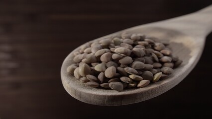 A close-up view of a wooden spoon holding dry lentils, set against a dark background. The natural texture of the lentils contrasts with the smooth wooden spoon for a rustic, minimalistic look.
