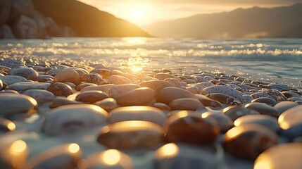 Obraz premium Close-up of smooth, wet, glistening pebbles on a beach at sunset, with the sun shining through the water and reflecting off the pebbles.