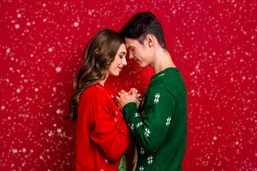 Profile portrait of two peaceful lovely people hold arms closed eyes touch heads isolated on red...