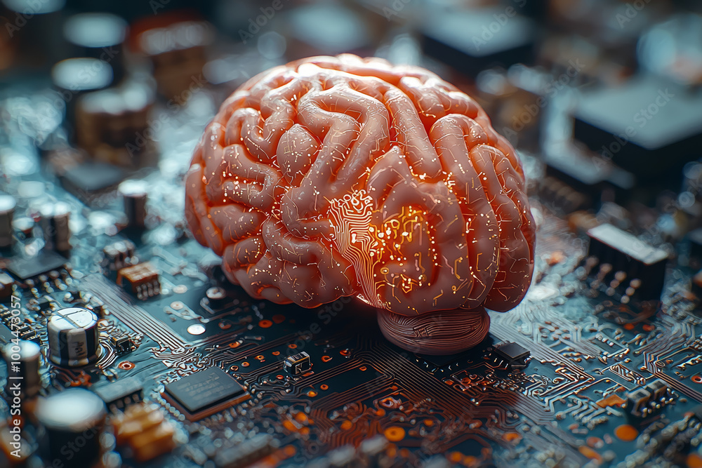 Aufkleber a brain displayed as a hologram above a circuit board, representing the blending of biological and d