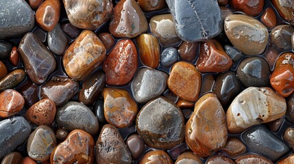 Close-up of smooth, wet, colorful pebbles.