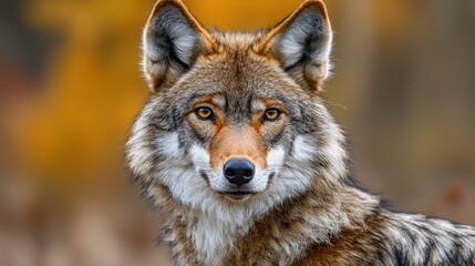 Fototapeta premium A close-up of a wild coyote looking directly at the camera in a forest during autumn with colorful foliage in the background