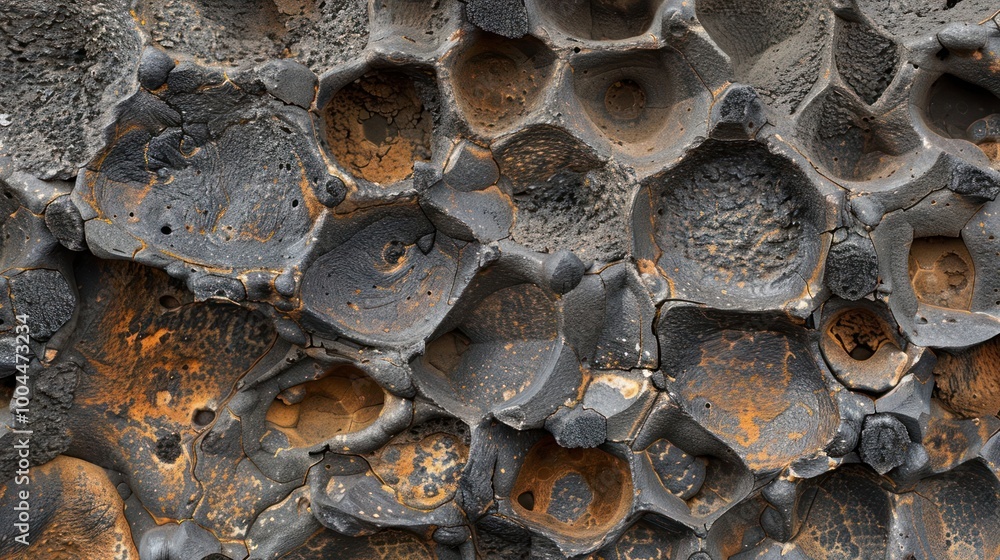 Aufkleber close-up of a textured rock surface with a honeycomb pattern, featuring deep craters and a smooth, d