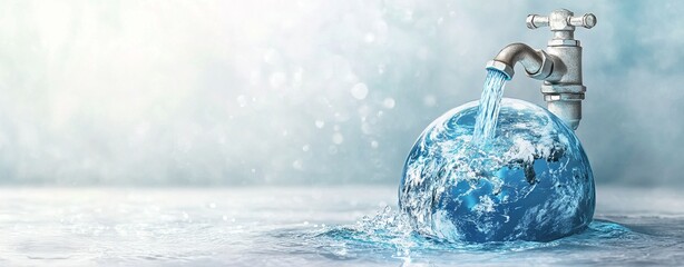 Globe of Ocean Waves Flowing from Faucet for World Water Day, AI generated illustration