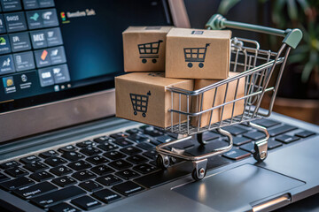 A mini shopping cart of cardboard boxes sits on a laptop keyboard, representing the convenience of online shopping today