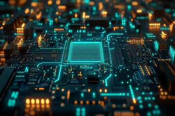 Obraz premium Close-up of a glowing circuit board with a central processor.