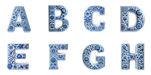 Set of Decorative Alphabet Letters A, B, C, D, E, F, G, H Inspired by Traditional Blue Ceramic Tiles: Blue Floral Design on Uppercase Letters