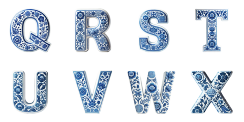 Set of Decorative Alphabet Letters Q, R, S, T, U, V, W, X Inspired by Traditional Blue Ceramic Tiles: Blue Floral Design on Uppercase Letters