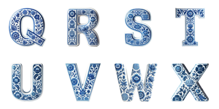 Set of Decorative Alphabet Letters Q, R, S, T, U, V, W, X Inspired by Traditional Blue Ceramic Tiles: Blue Floral Design on Uppercase Letters