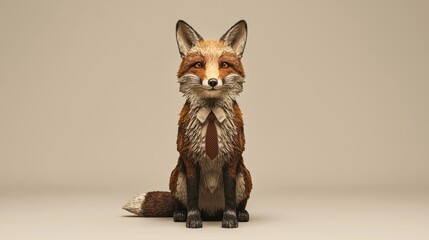 A dressed fox sitting proudly, displaying a charming personality against a neutral background.