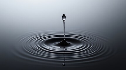 A droplet ascends above dark water, creating concentric ripples that enhance the serenity of the minimalist composition, evoking tranquility and simplicity