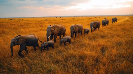 A family of elephants walking through the golden grasslands at sunset in a serene wildlife landscape