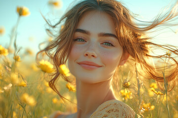 A woman spinning in a meadow, her face glowing with joy as the wind blows through her hair. Concept of freedom and happiness.