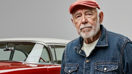 Obraz premium close up portrait of classic car owner, stereotypical, photographed in white studio space