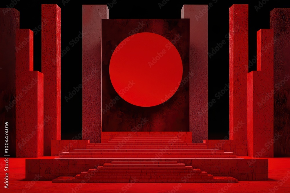 Poster a striking red architectural structure with geometric forms and a central circle against a dark back