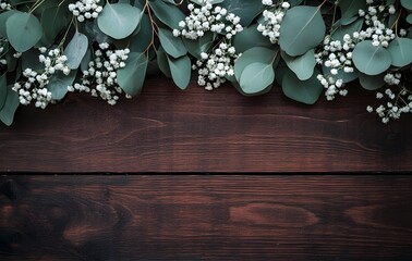 Rustic Wooden Background with Eucalyptus and Baby's Breath Flowers