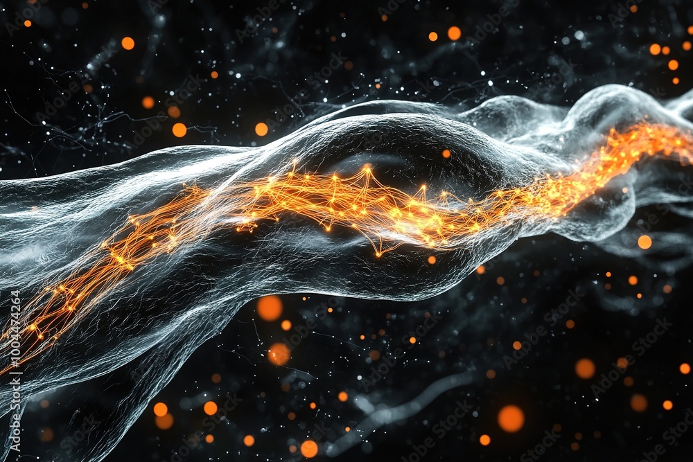 Poster dynamic fiery synapse with orange sparks on dark background.