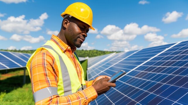Renewable energy specialist inspects solar panels in field.