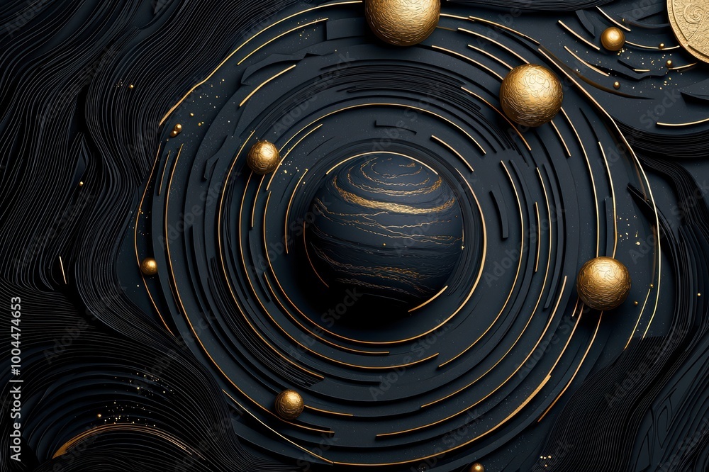 Poster abstract cosmic design featuring textured black surface with golden orbs and swirling patterns.