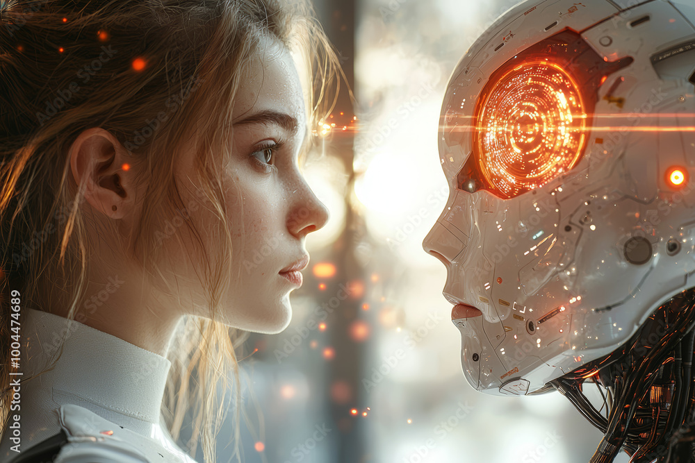 Poster a robotic figure standing next to a human, both with their heads illuminated by the same data stream