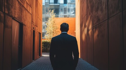 A man in a suit is standing in a hallway