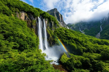 Fototapeta premium A waterfall cascading down a mountainside, with a rainbow forming in the mist and the lush forest surrounding the base of the falls