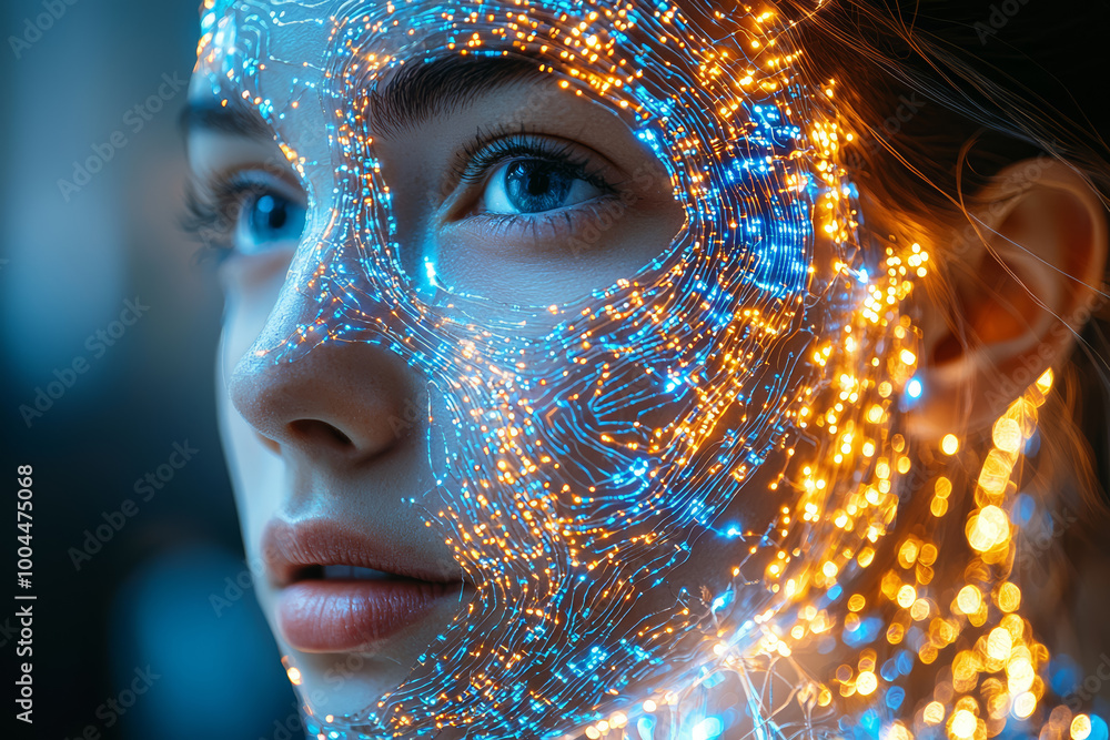 Poster a person's head with an open panel revealing a complex network of digital wires and lights inside. c