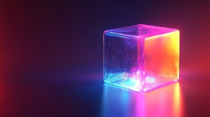 A cube made of glass with a blue, red, and yellow light shining on it