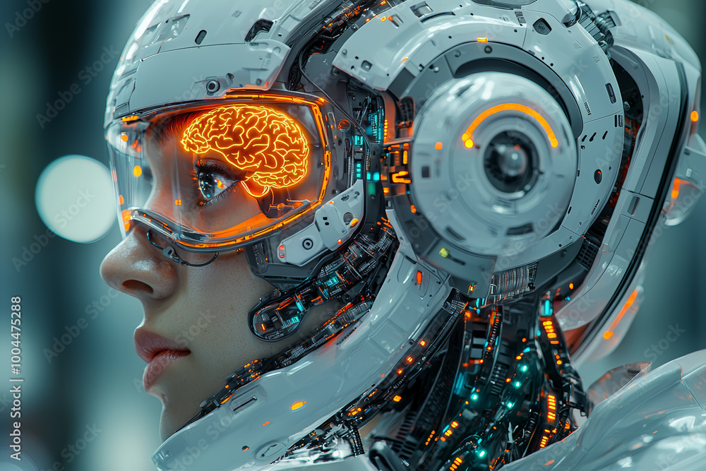 Poster a person wearing a headset that connects to their brain, controlling a robotic device through though
