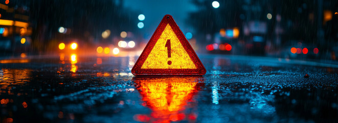 Close-up of an emergency triangle sign on the road at night in heavy rain, with reflections and blurred lights in the background. High-resolution photography, insanely detailed.