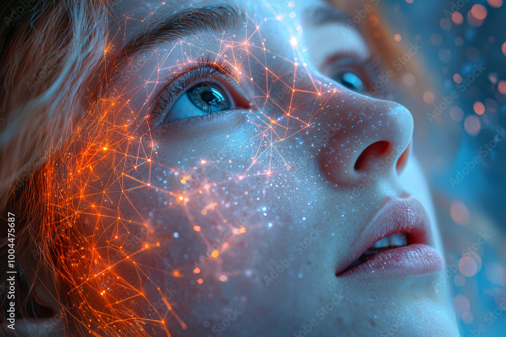 Poster a person thinking deeply with a digital projection of their thoughts as data points, connecting to a